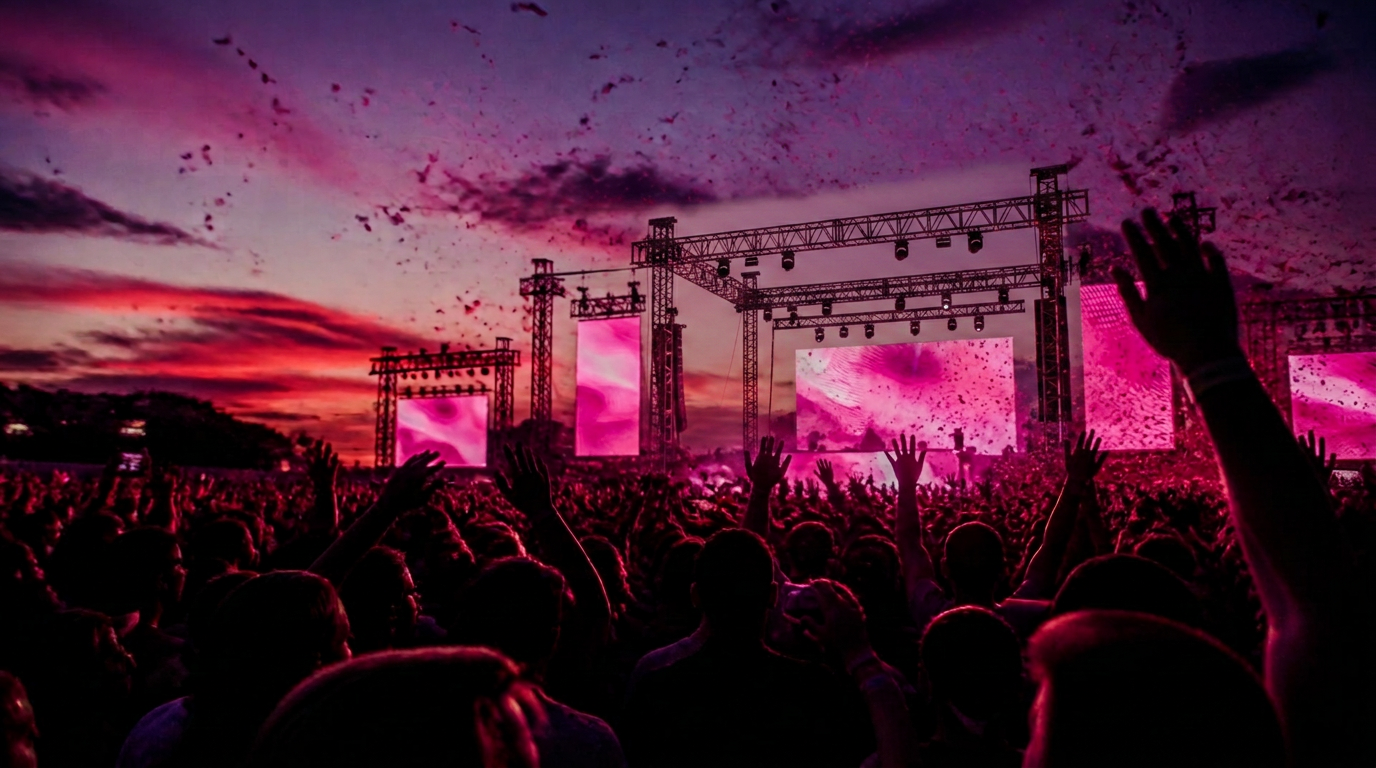 Festival crowd with hands in the air under pink stage lights